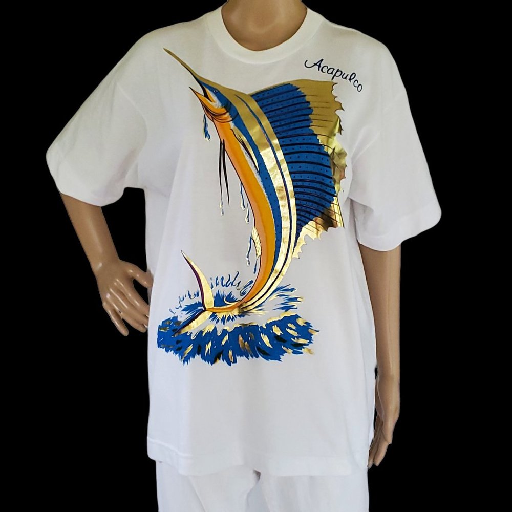 Pau Pacific Acapulco Mexico Sail Fish White Graphic T Shirt Women's Size Large